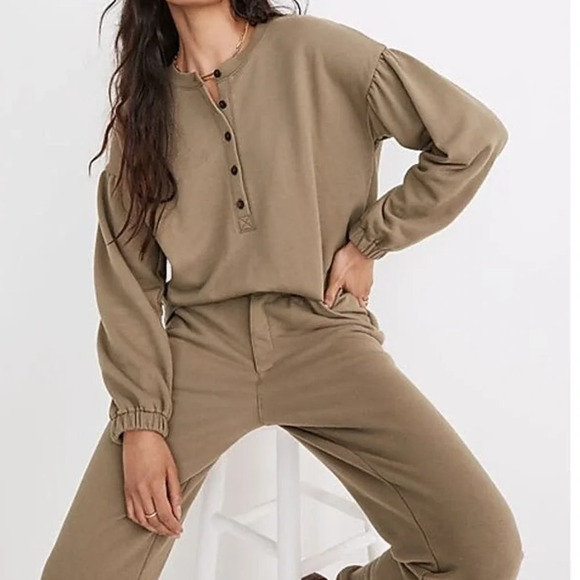 Madewell (Re)sourced Terry Henley Green Sweatshirt Womens Small - Picture 1 of 8